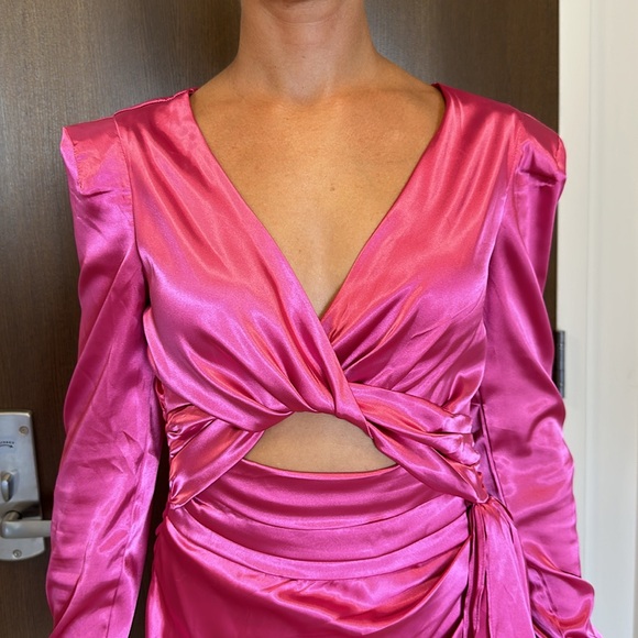 LULUS Sexy Twist Pink Sheen Party Dress Pleated Skirt with Faux Sash - Picture 7 of 13